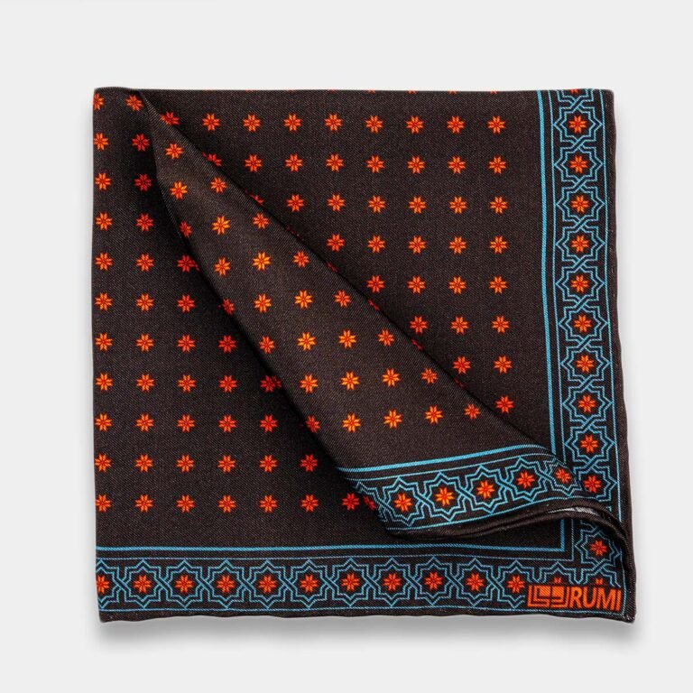 Luxury men’s gift, Rumi Midnight Souk pocket square folded, ready for gifting.