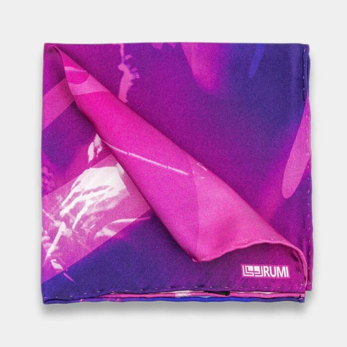 Vibrant blue and pink silk pocket square featuring an abstract overlay of a whirling dervish and Arabic calligraphy, with a textured weave