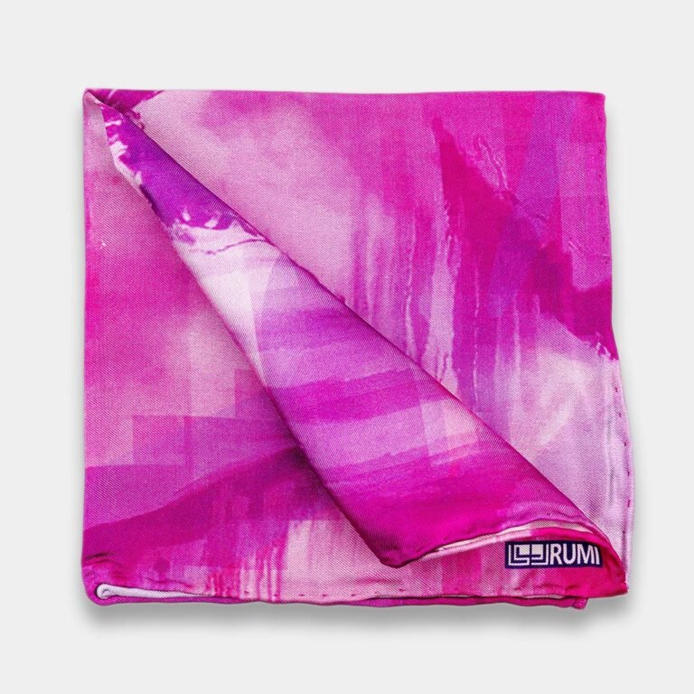 RUMI pocket square: Pure silk print of an abstract whirling dervish in magenta, fuchsia, and violet, capturing ecstatic spiritual motion.