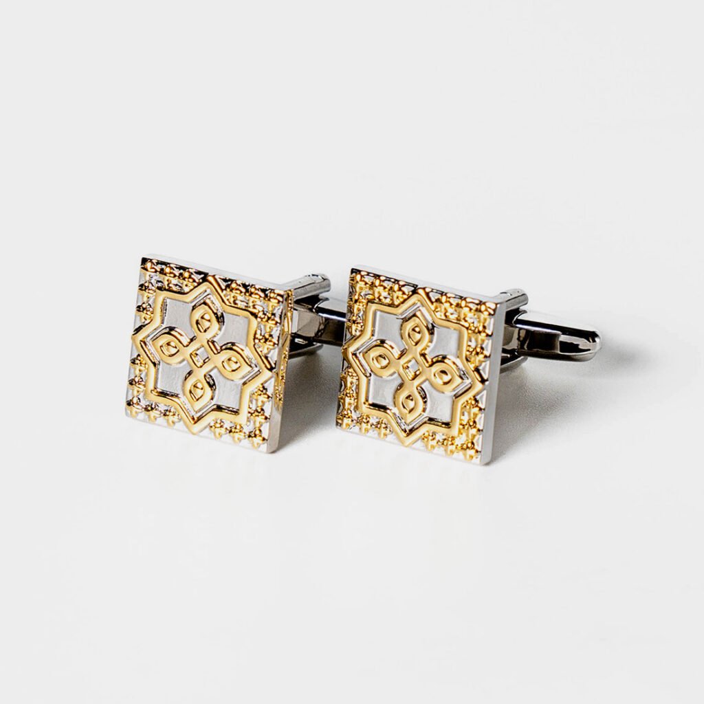 Andulucian Gold Cufflinks by Rumi – luxury square silver and gold cufflinks with intricate geometric design.
