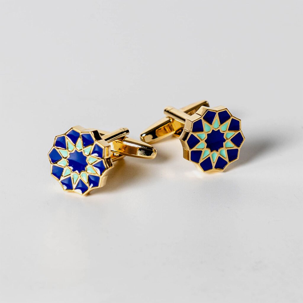 Ethnic Mosaic Cufflinks by RUMI – luxury gold and blue mosaic men’s cufflinks handcrafted in Pakistan.